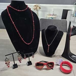 Vintage Red Jewelry Lot - Necklaces, Bracelets, Earrings, Sunglasses